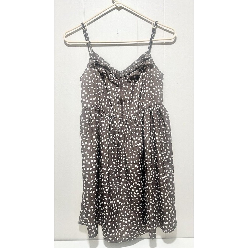 YA Los Angeles Zip Front Midi Smocked Top Dress Brown Polk Dot Size Small